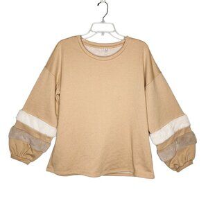Tan Fur Trim Bubble Sleeve Sweater Sweatshirt